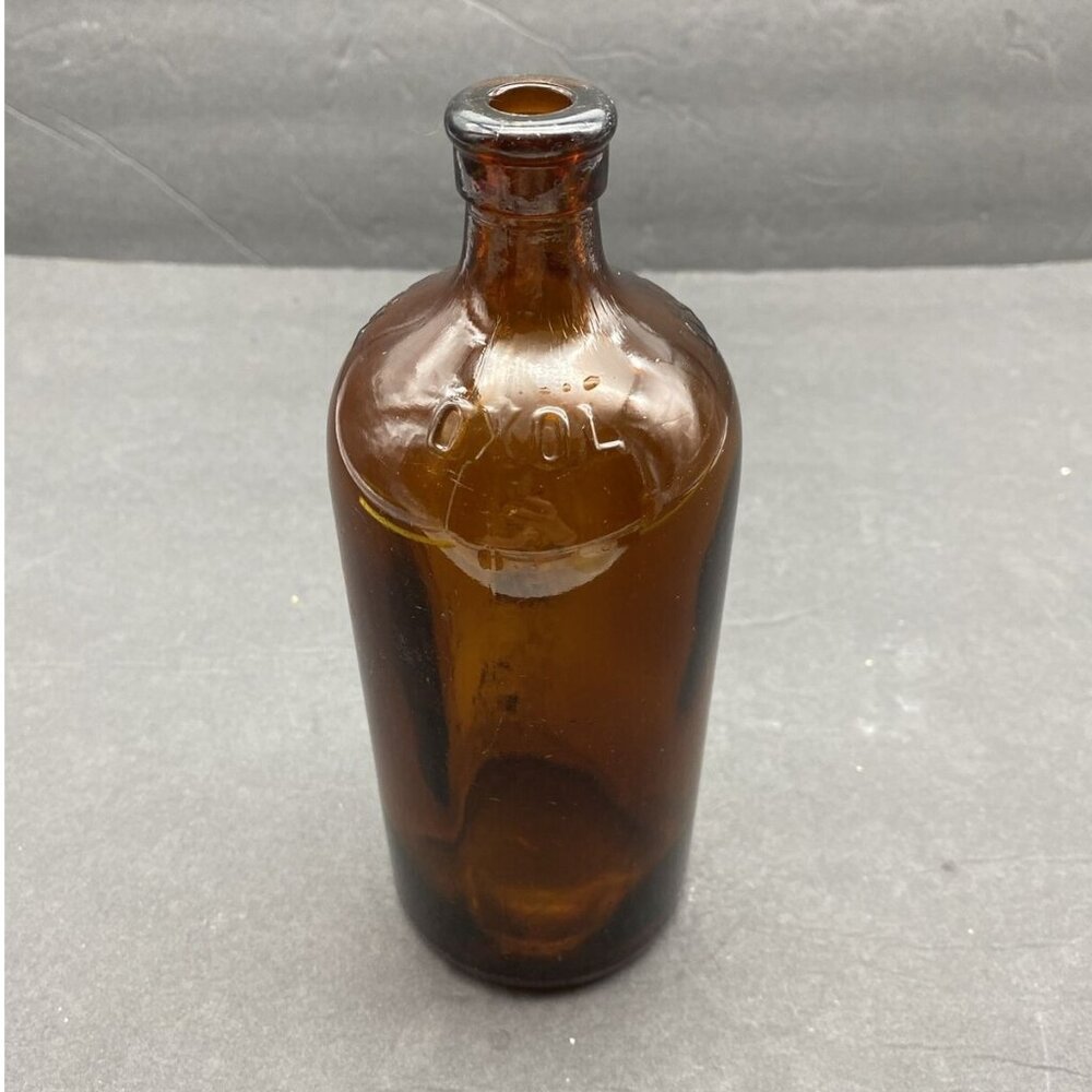 Vintage Oxol Bottle Amber Brown Glass 30s 40s‎ 7.75” Tall Sediment Inside